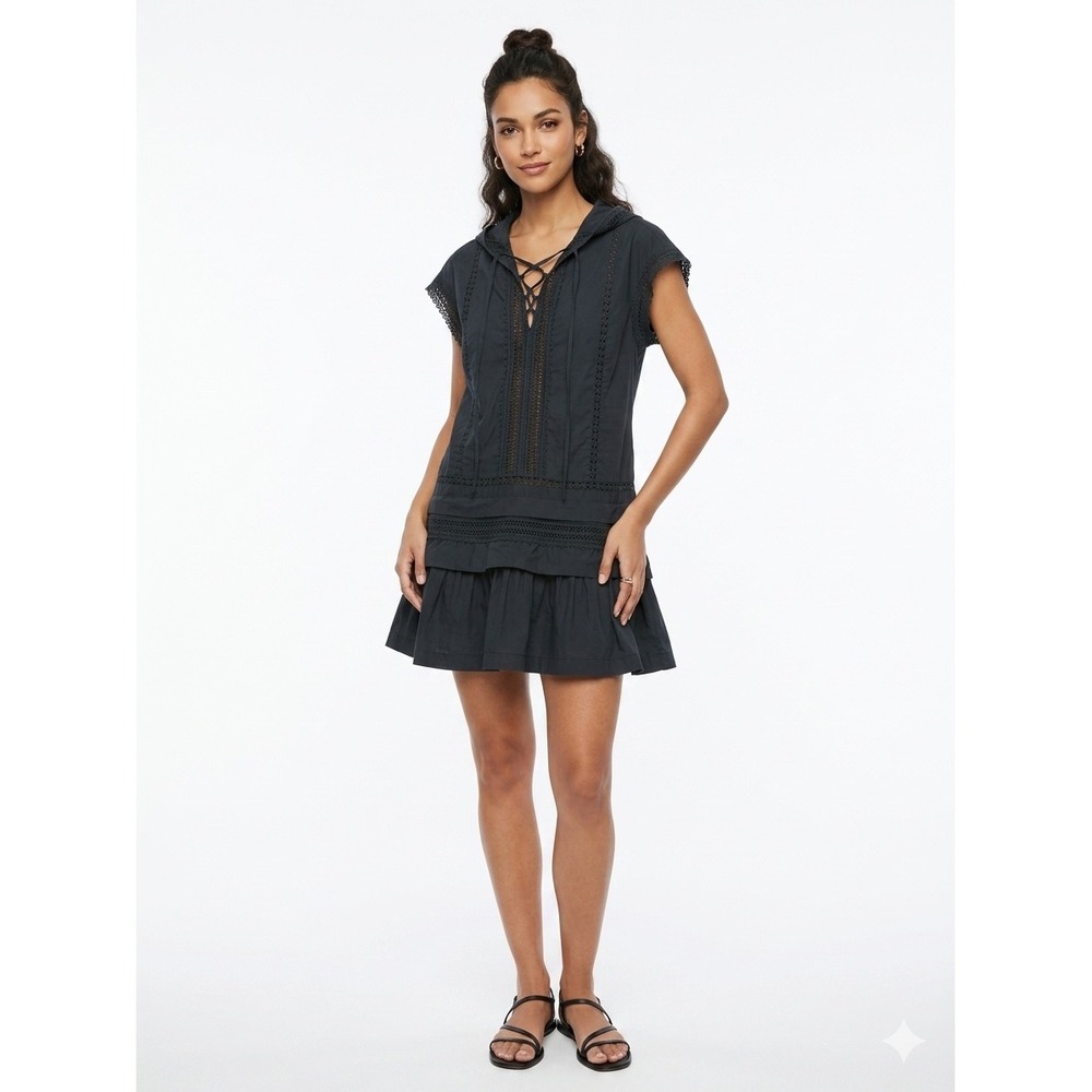 Anthropologie Blue Lace Trim Hooded Mini Dress Cotton Boho Ruffle M
